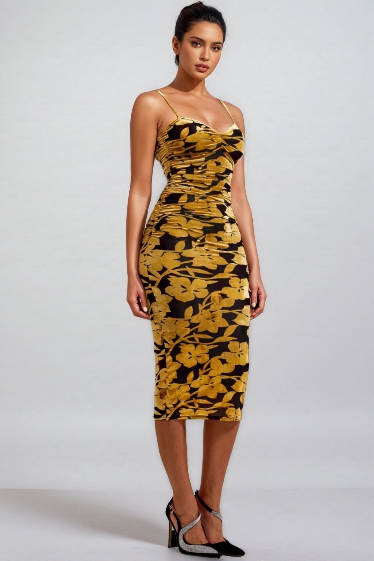 Velvet Floral Spaghetti Strap Ruched Bodycon Midi Dress - View 2