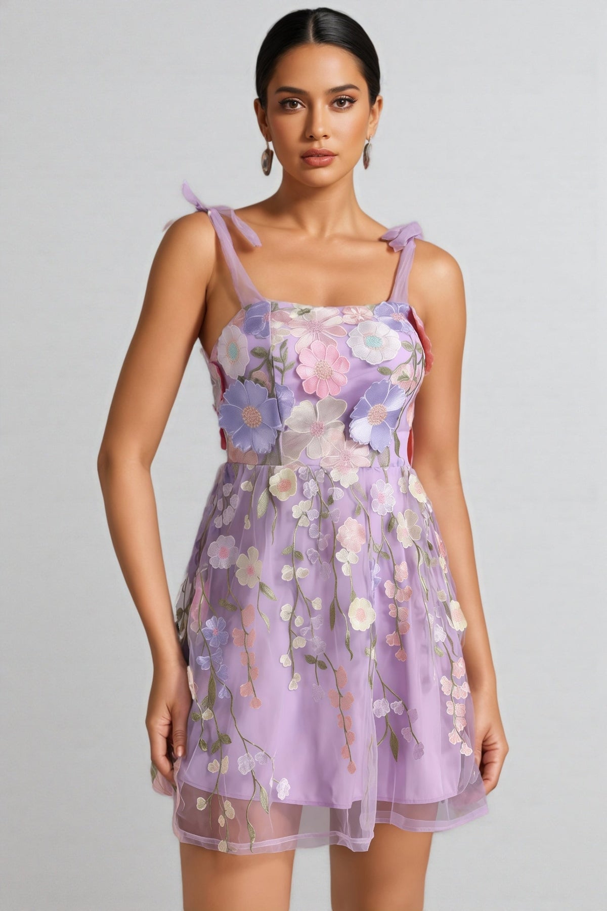 Strappy Mesh 3D Floral Mini Dress - View 3