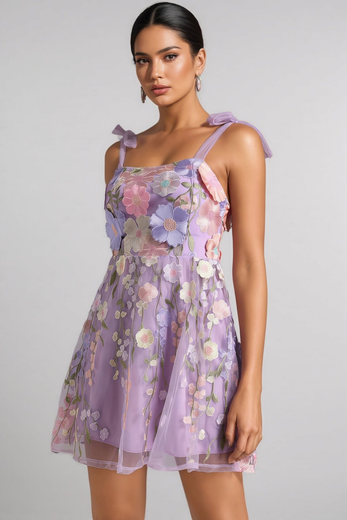 Strappy Mesh 3D Floral Mini Dress - View 4