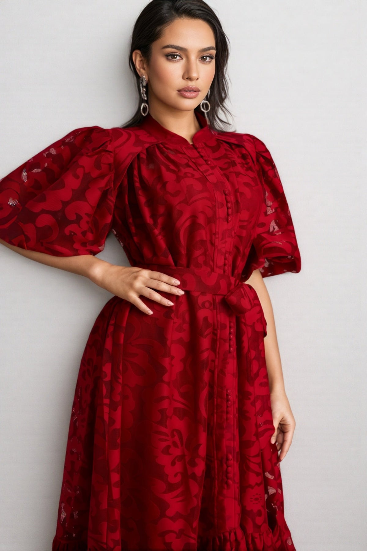Kale Embroidered Lace Belted Midi Dress - View 4