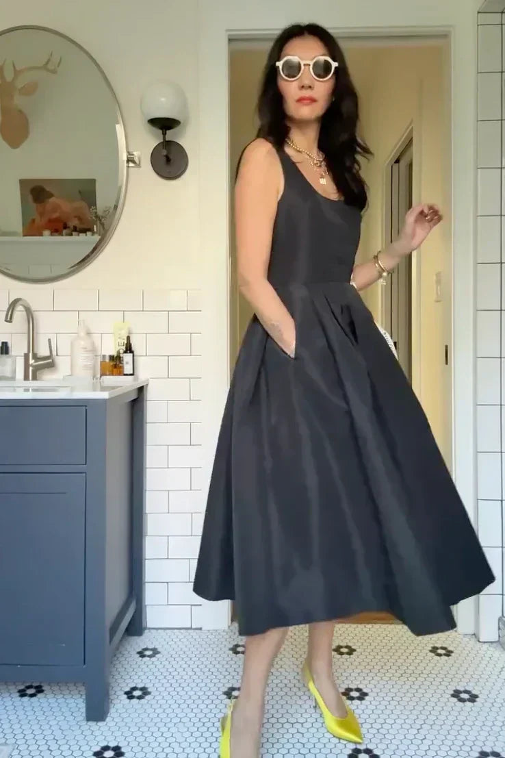 Satin Sleeveless Scoop Neck Box Pleat Pocket A-Line Midi Dress