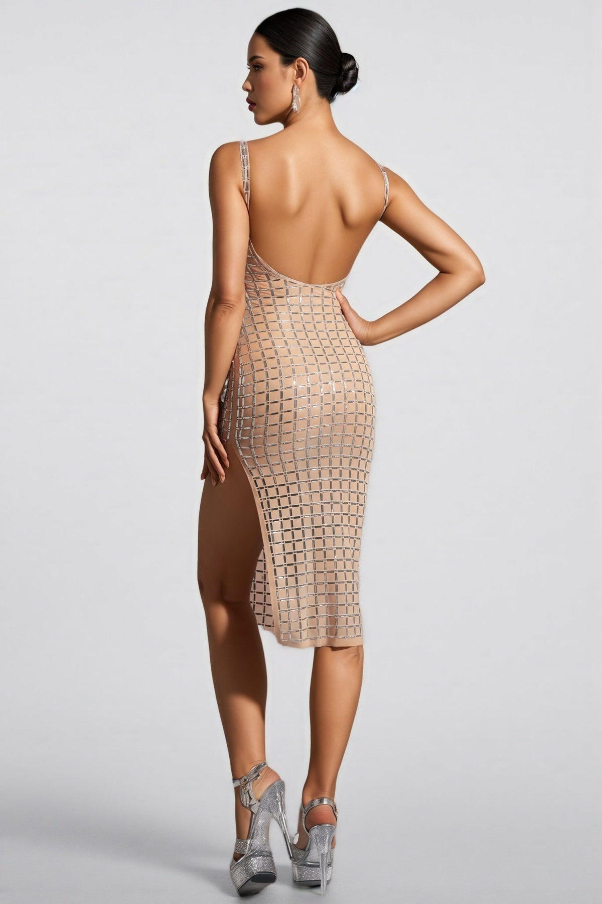 Rhinestone Grid Scoop Neck Spaghetti Strap Bodycon Midi Dress - View 5