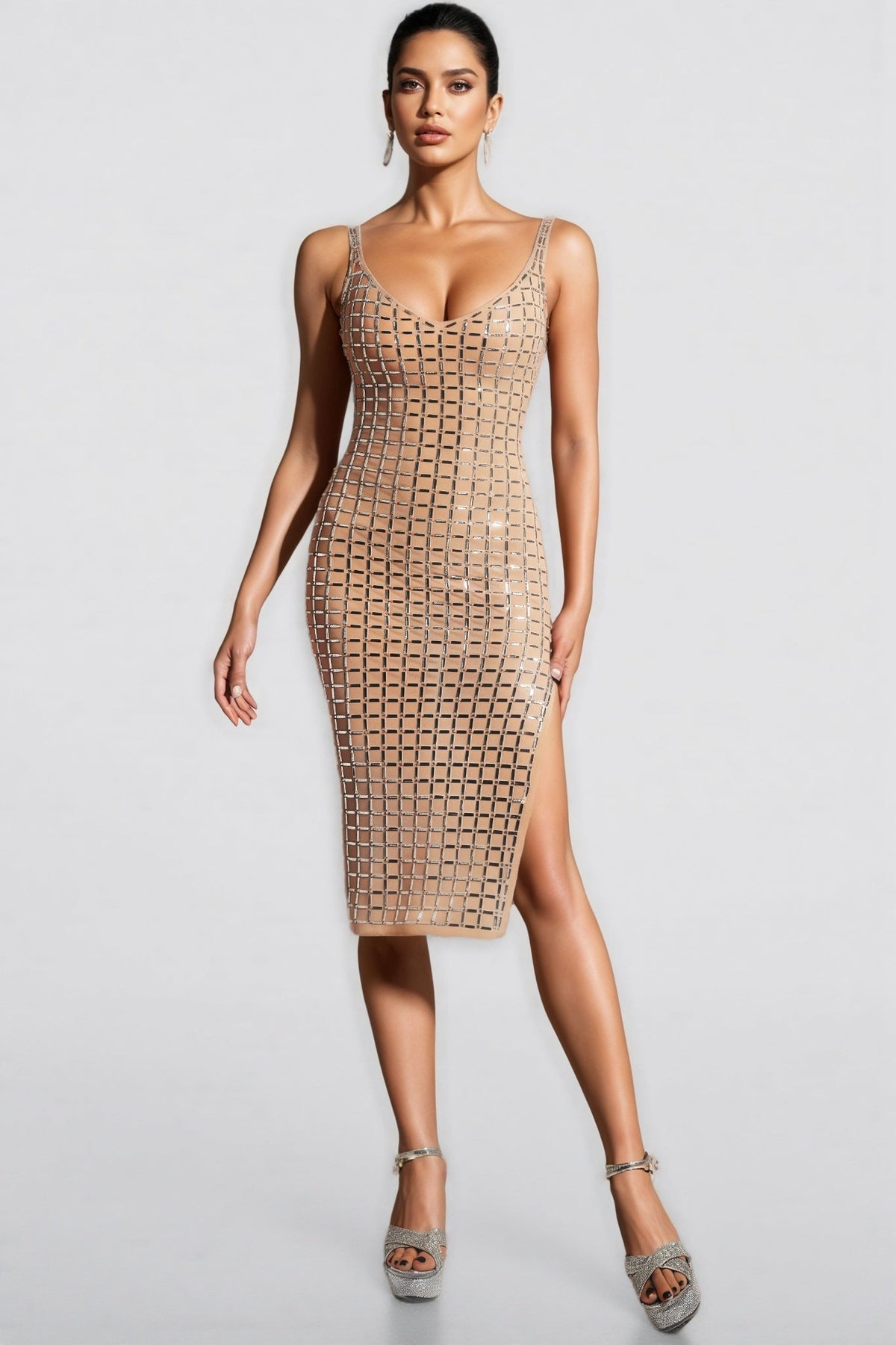 Rhinestone Grid Scoop Neck Spaghetti Strap Bodycon Midi Dress