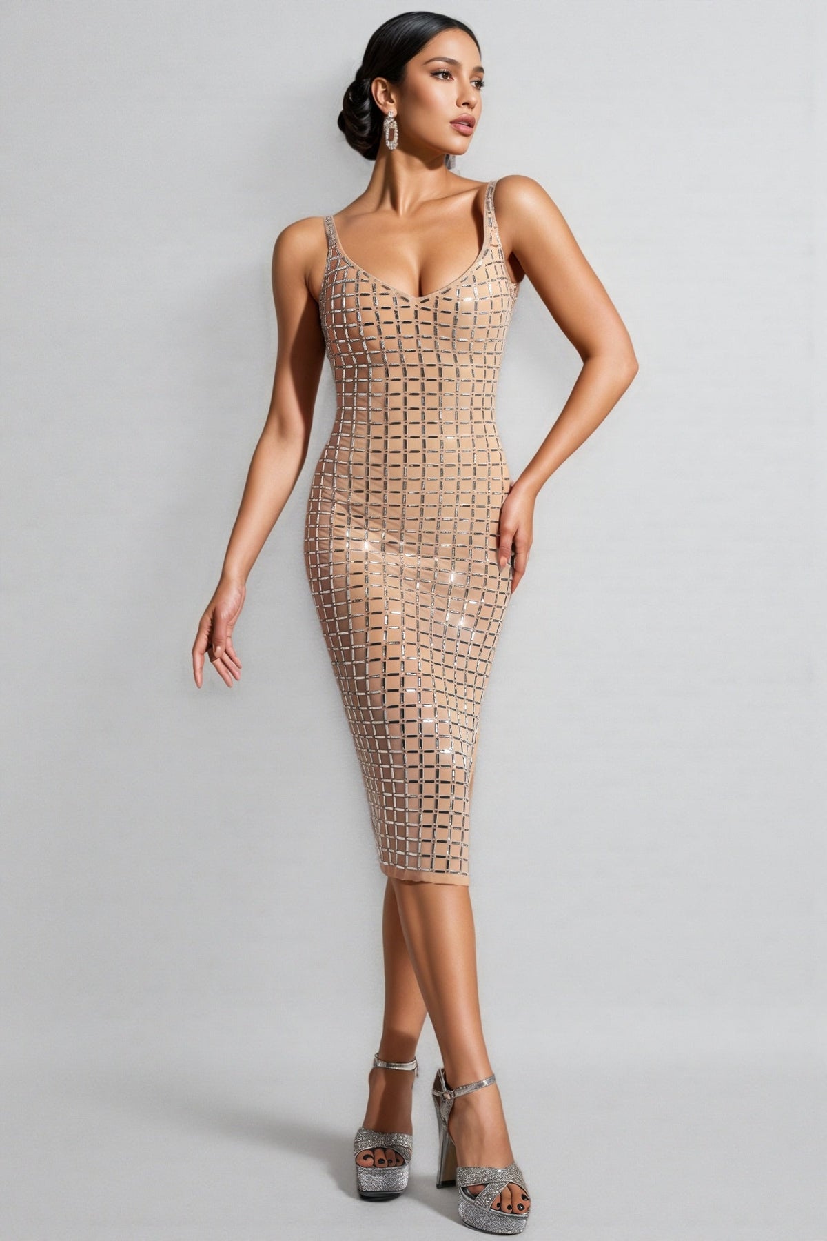 Rhinestone Grid Scoop Neck Spaghetti Strap Bodycon Midi Dress - View 3