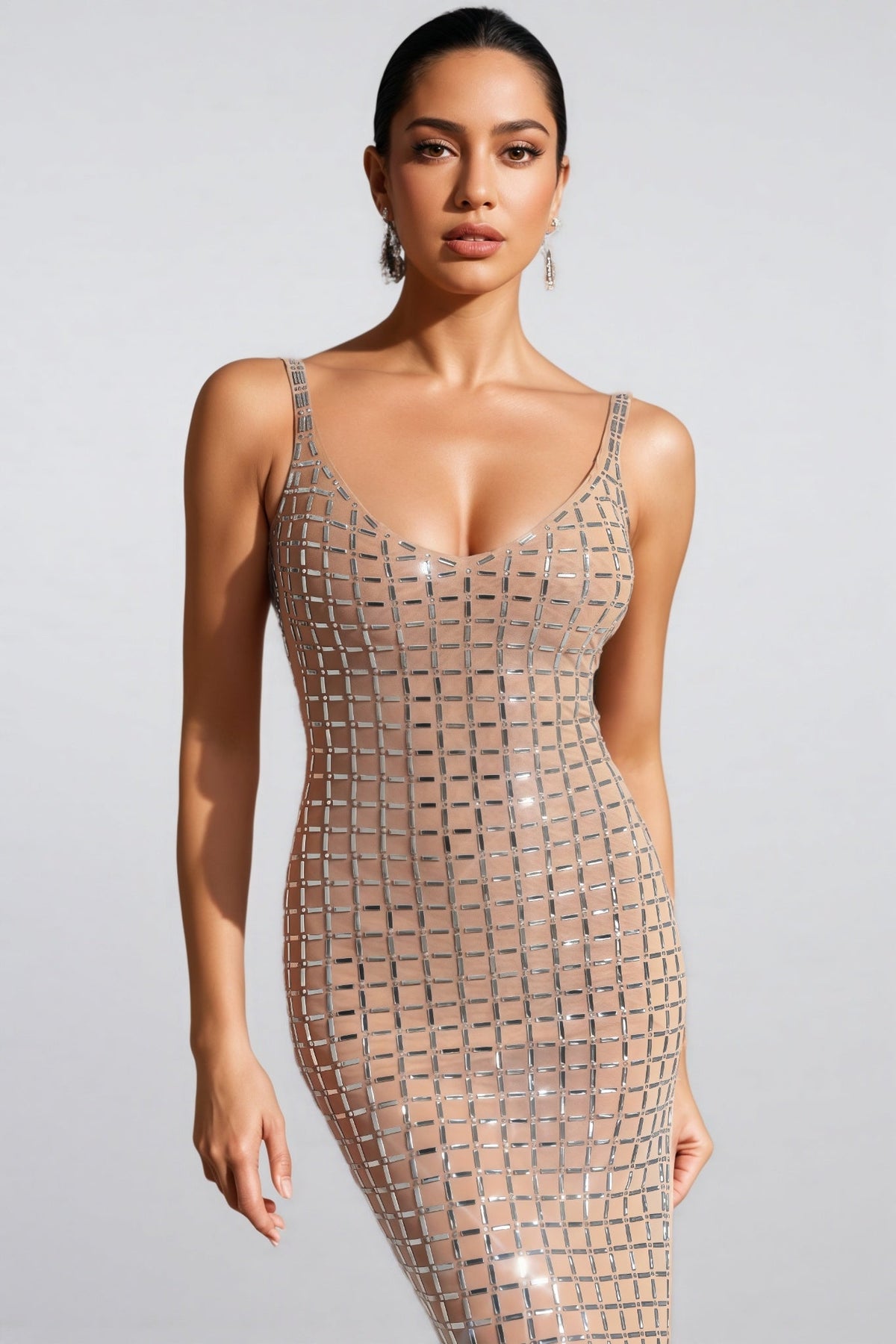 Rhinestone Grid Scoop Neck Spaghetti Strap Bodycon Midi Dress - View 2