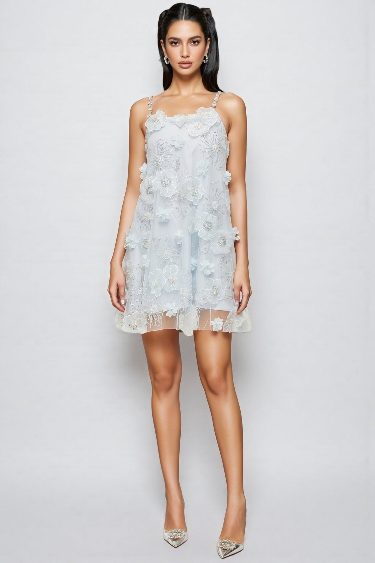 3D Floral Mesh Spaghetti Strap Beaded A-Line Mini Dress