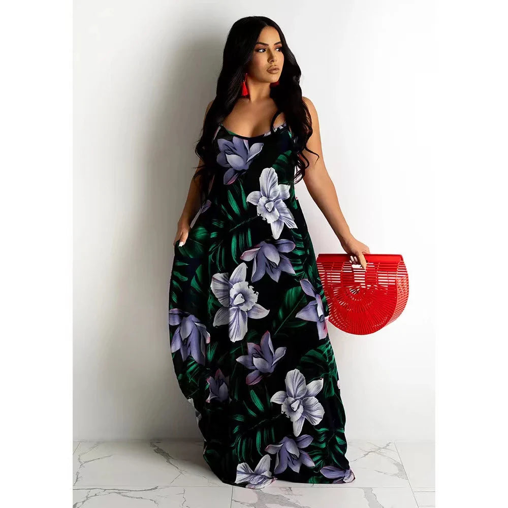 Loose Floral Print Slip Dress Long Skirt Floral Dress