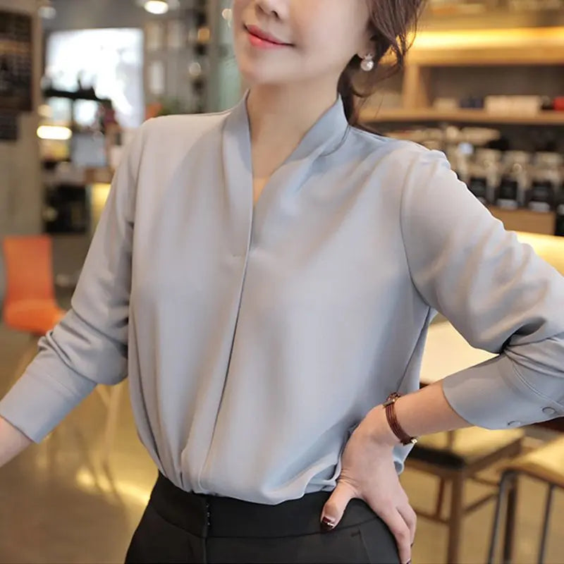 Korean Style V-neck Loose Chiffon Office Blouse