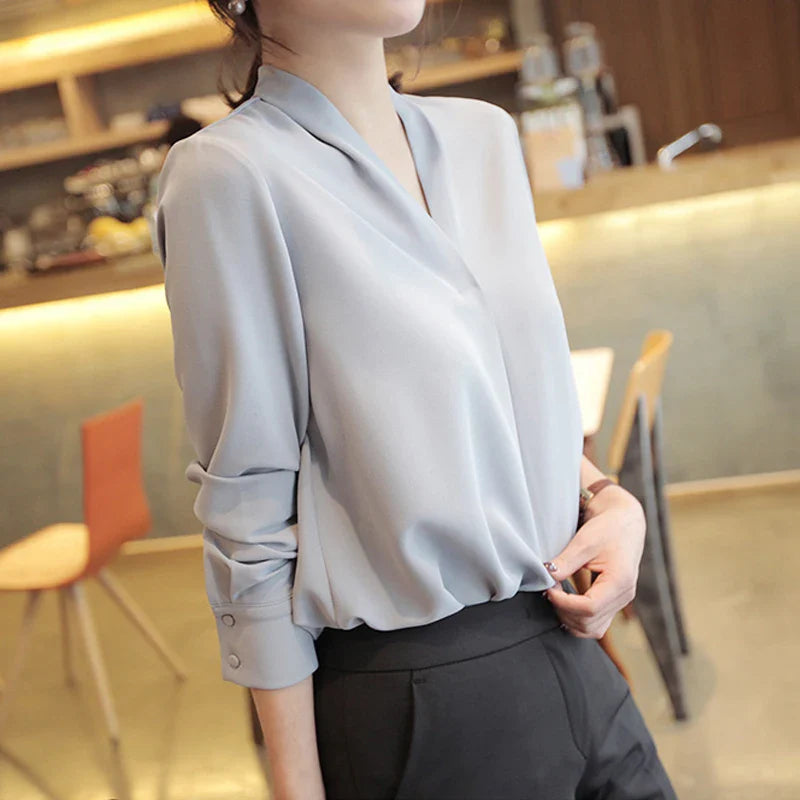 Korean Style V-neck Loose Chiffon Office Blouse