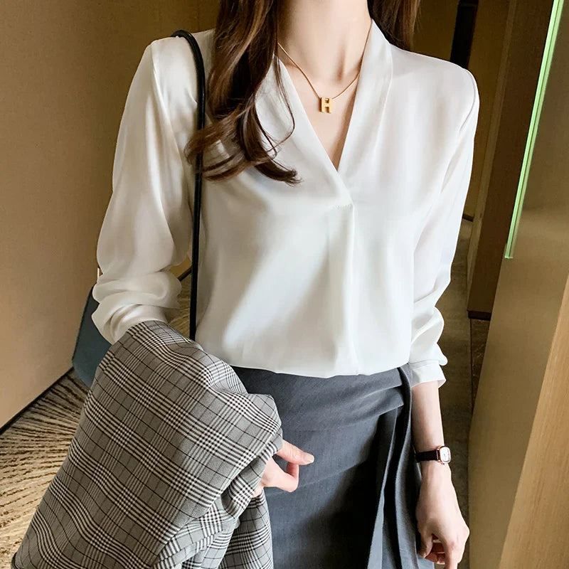 Korean Style V-neck Loose Chiffon Office Blouse
