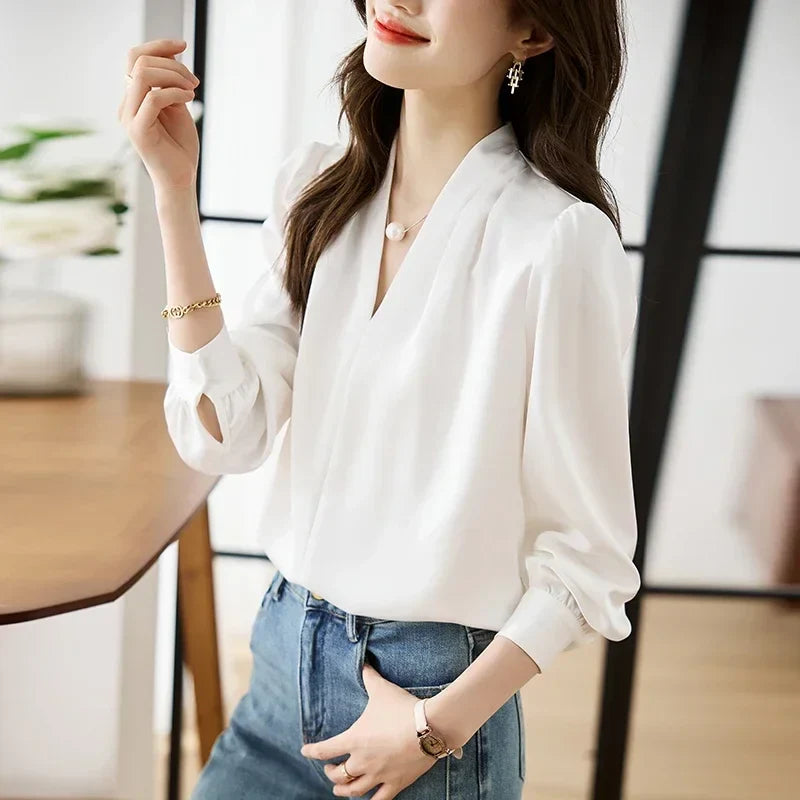 Satin Chiffon V-neck Soft Casual Blouse for Office