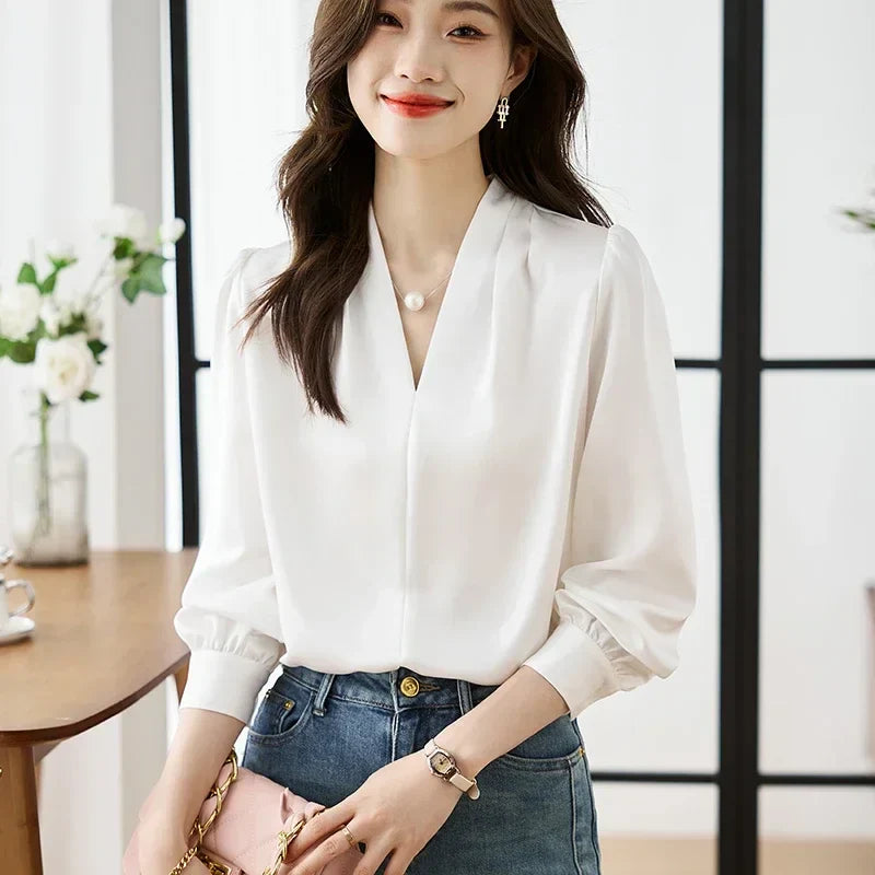 Satin Chiffon V-neck Soft Casual Blouse for Office