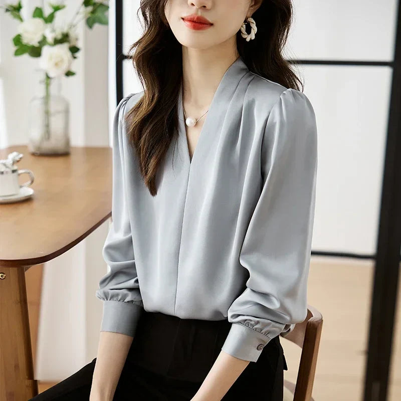 Satin Chiffon V-neck Soft Casual Blouse for Office
