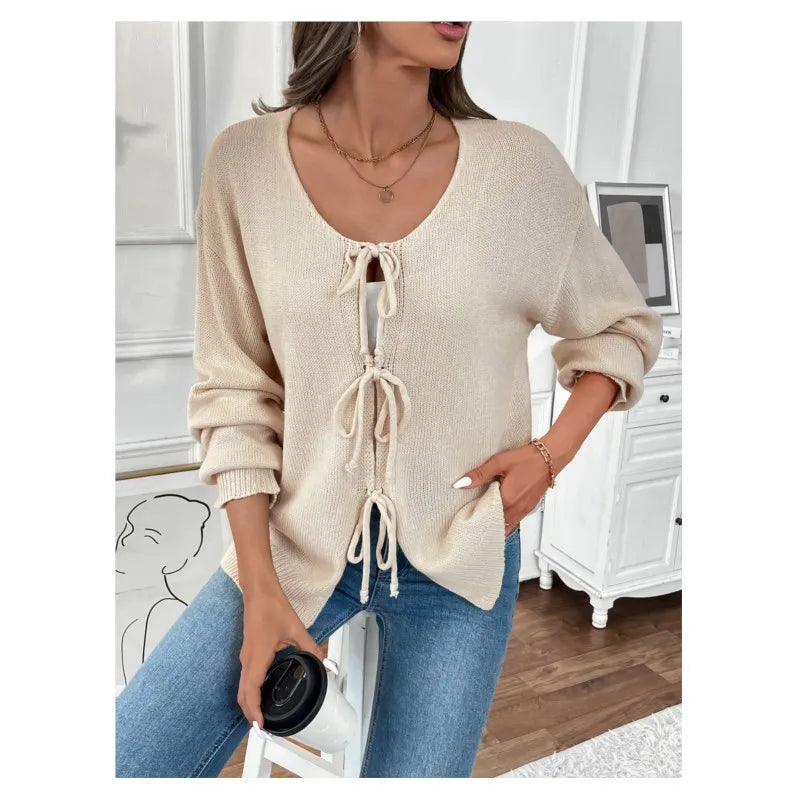 Tie-Up Round Neck Solid Sweater Coat Cardigan