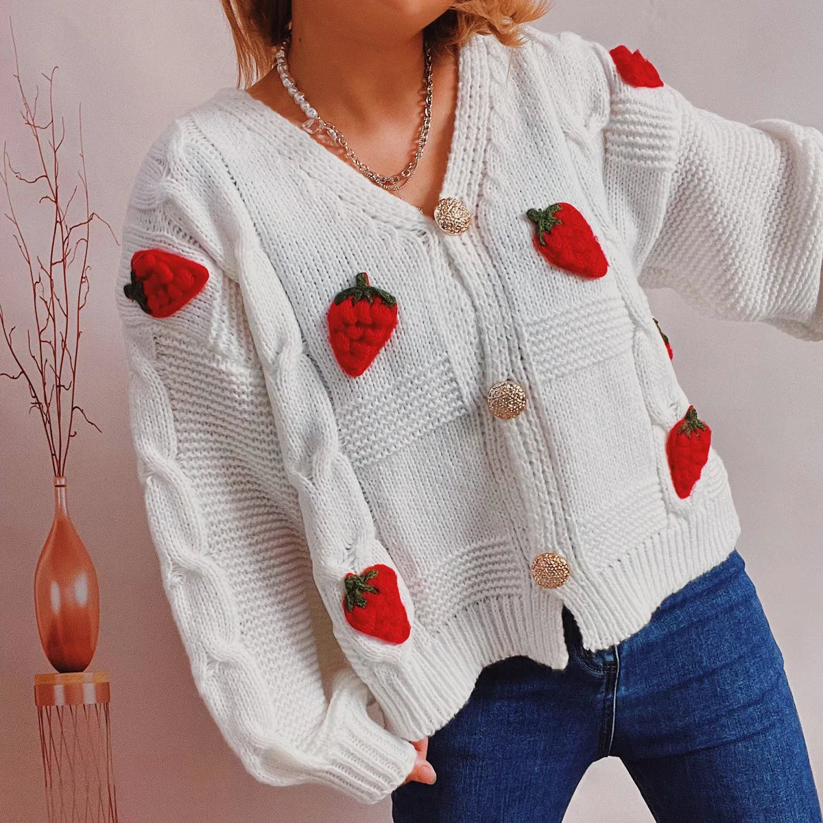 Strawberry Print Loose Fitting Knit Cardigan