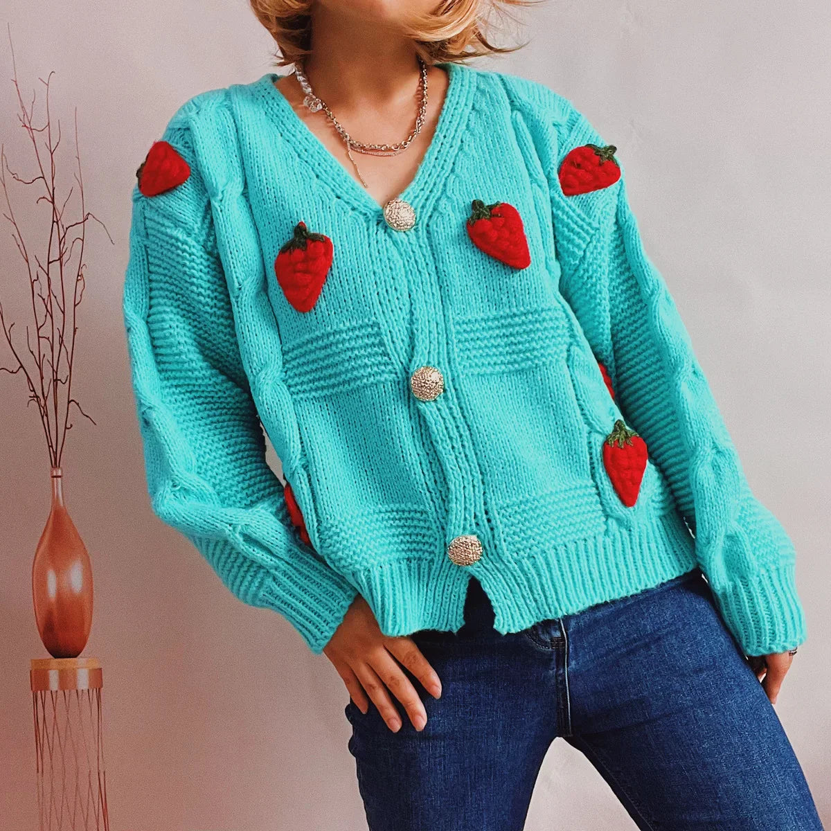 Strawberry Print Loose Fitting Knit Cardigan