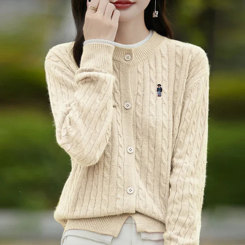 Embroidered Little Bear Loose Cashmere O-Neck Cardigan