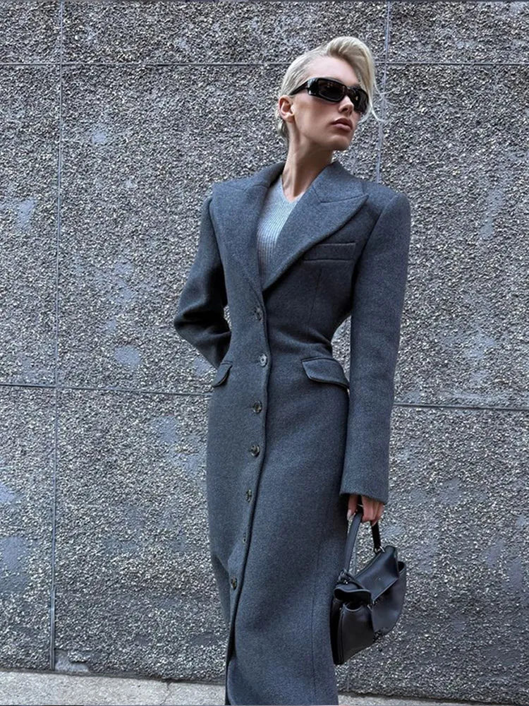 Grey Single Breasted Wool Coat