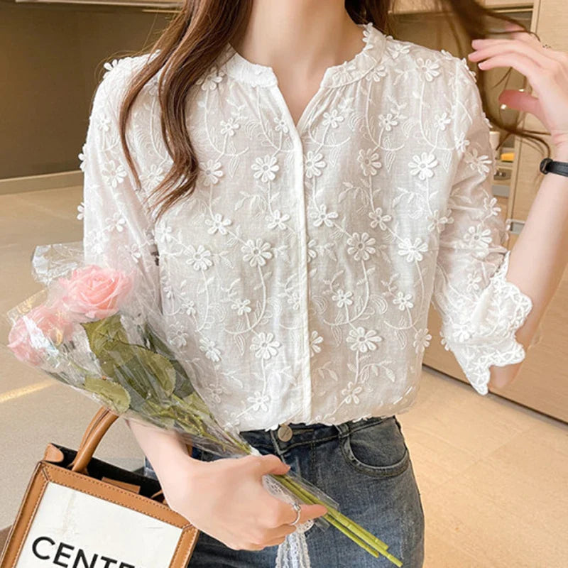 Embroidered Lace Summer Cotton White Blouse