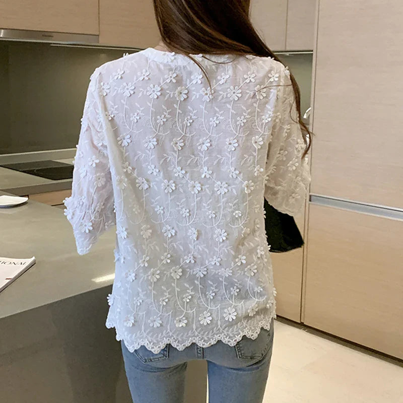 Embroidered Lace Summer Cotton White Blouse