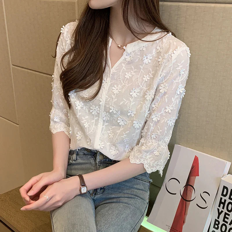 Embroidered Lace Summer Cotton White Blouse