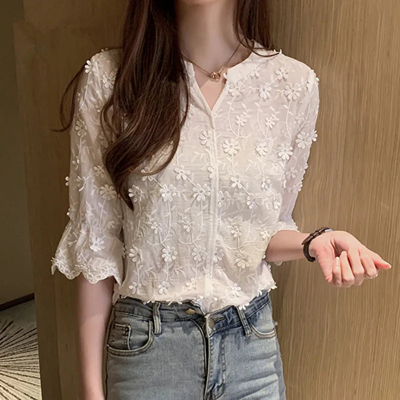 Embroidered Lace Summer Cotton White Blouse