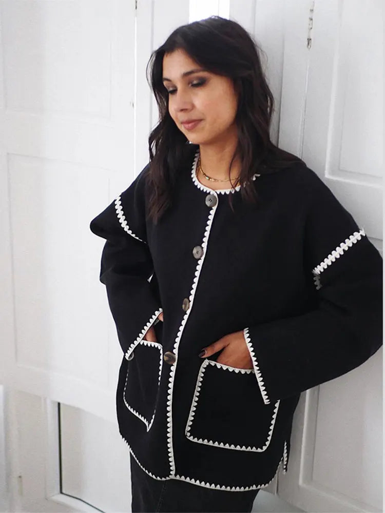 O-neck Long Sleeved Pocket Versatile Color-blocked Single Breasted Coats - Fashionpara