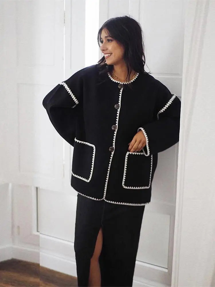 O-neck Long Sleeved Pocket Versatile Color-blocked Single Breasted Coats - Fashionpara