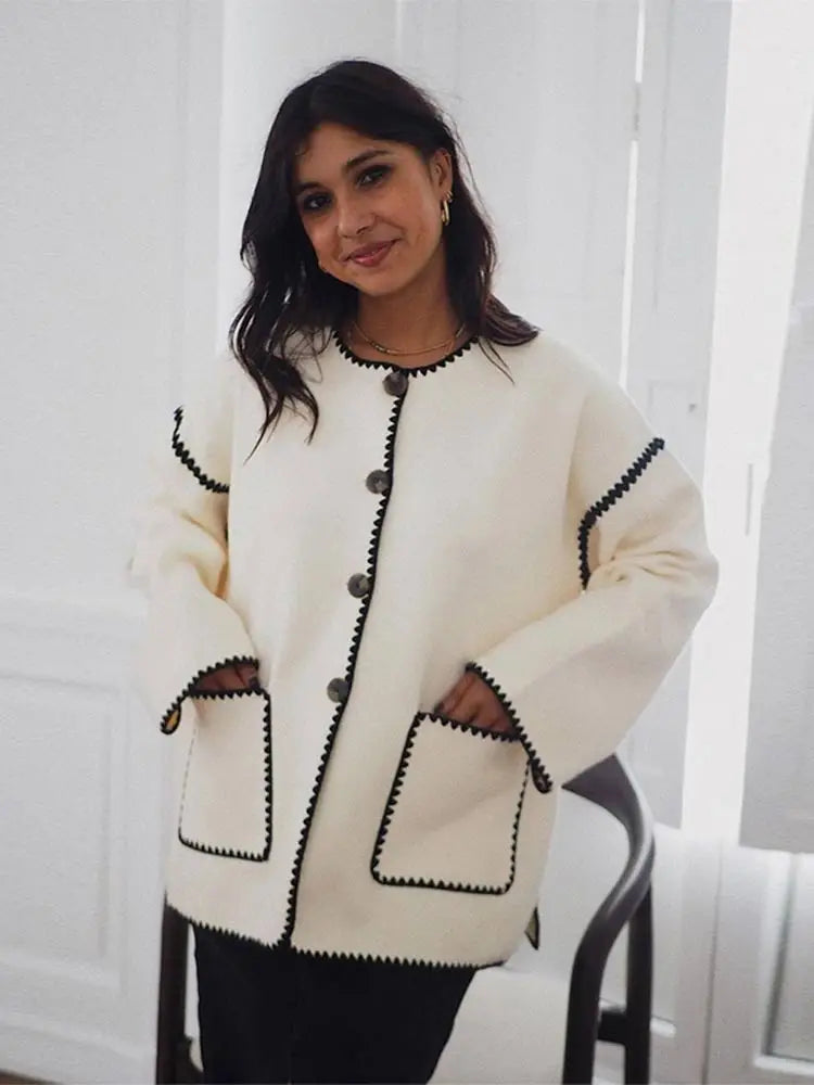 O-neck Long Sleeved Pocket Versatile Color-blocked Single Breasted Coats - Fashionpara