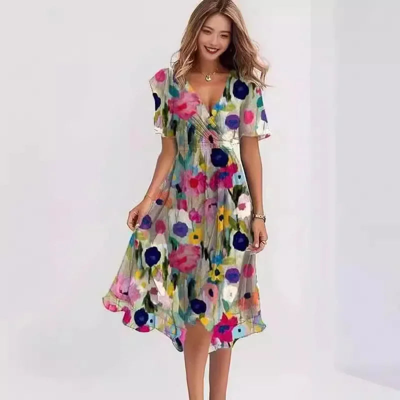 Chiffon Floral Print V-neck Dress