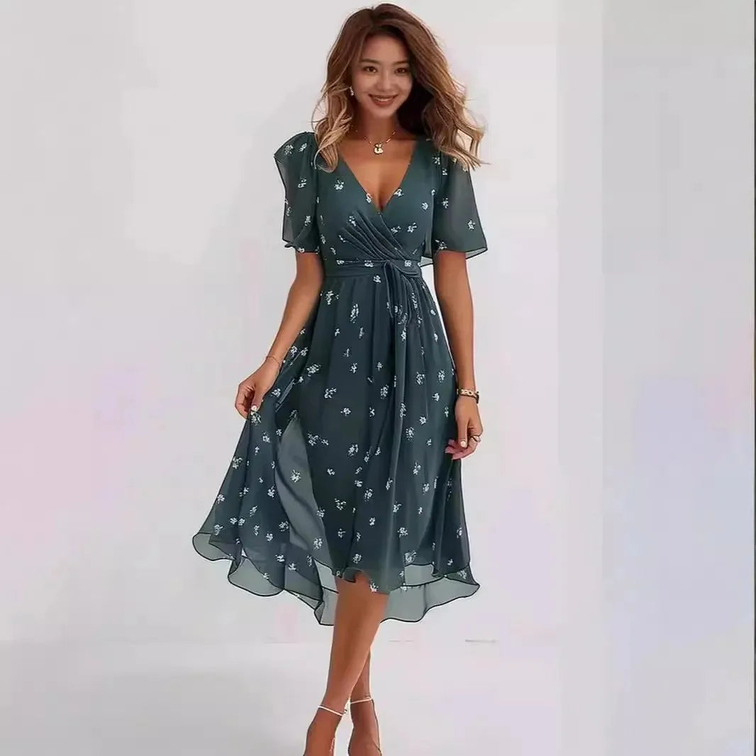 Chiffon Floral Print V-neck Dress