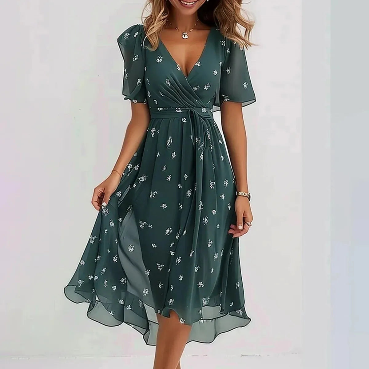 Chiffon Floral Print V-neck Dress