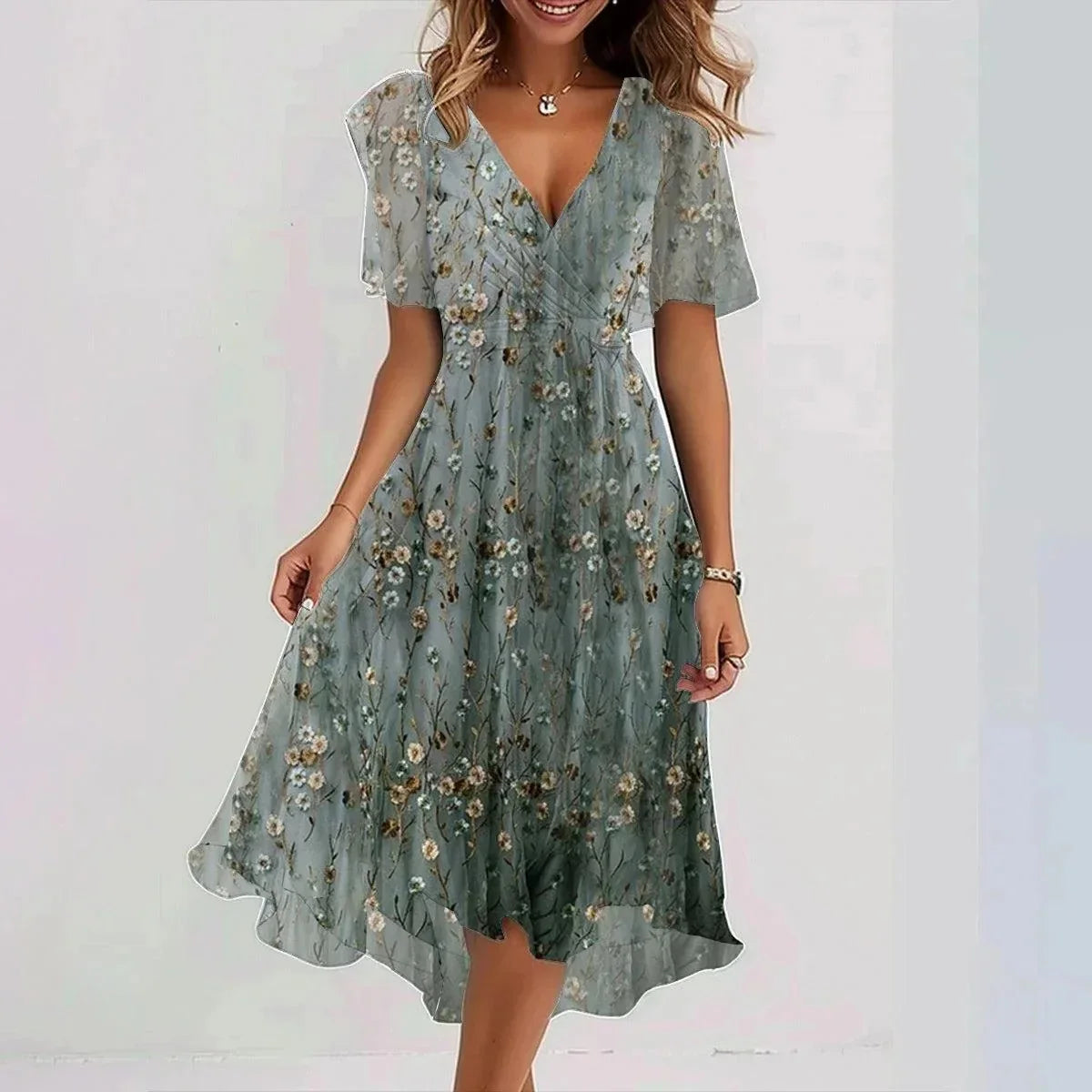 Chiffon Floral Print V-neck Dress