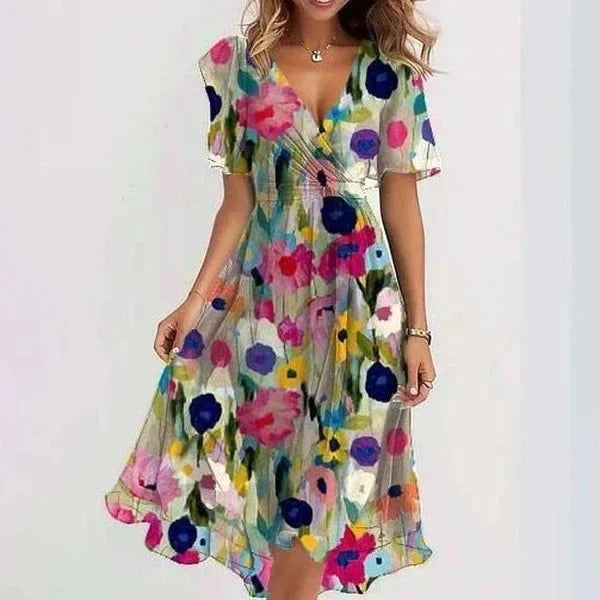 Chiffon Floral Print V-neck Dress