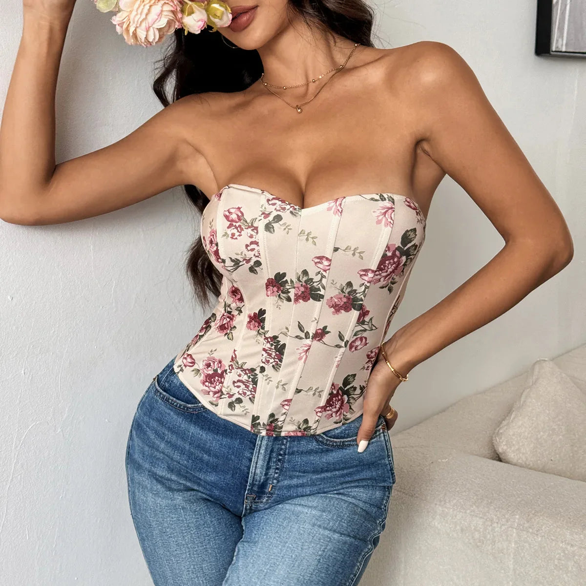 Sexy Lace Flower Pattern Corset Low-Cut Tank Top