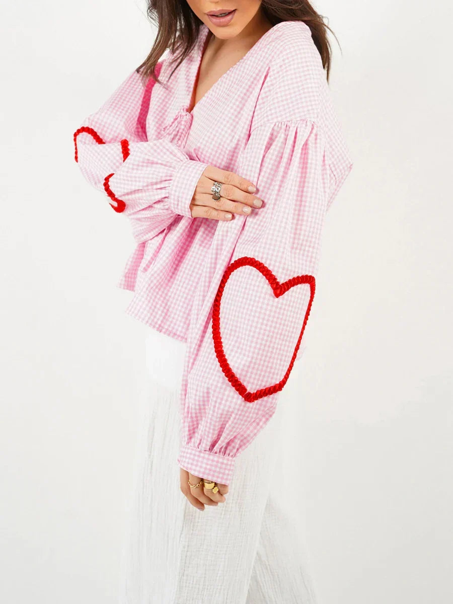 Plaid Heart Trim Tie-Up Blouse