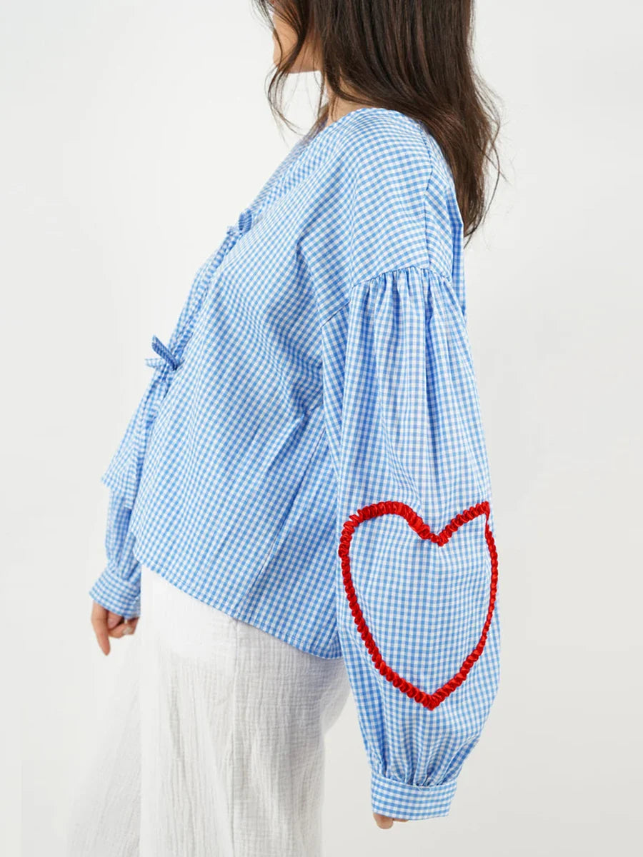 Plaid Heart Trim Tie-Up Blouse