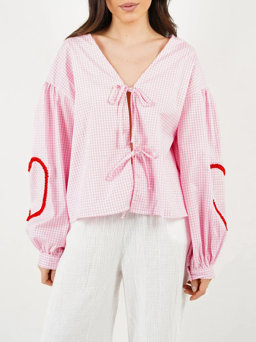Plaid Heart Trim Tie-Up Blouse