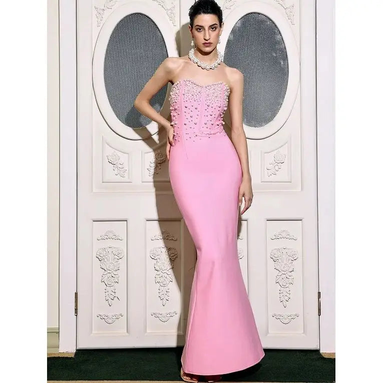 Pearl Beaded Strapless Mermaid Gown
