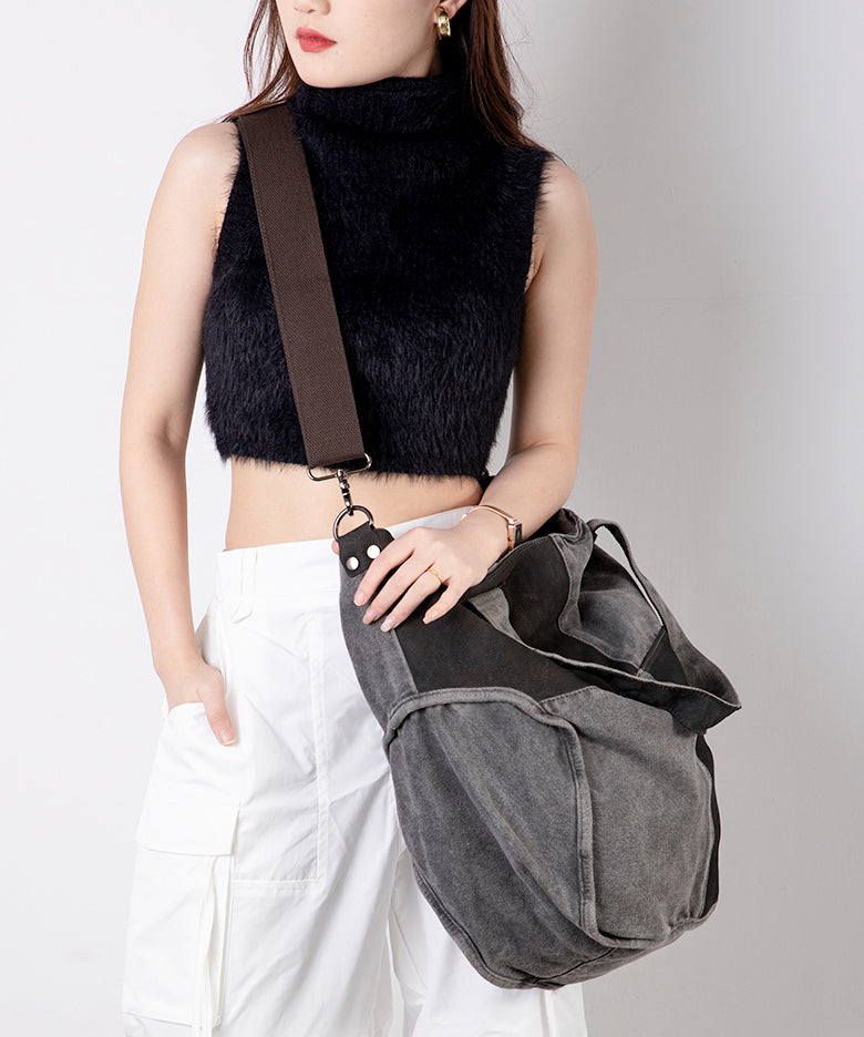 Large Capacity Calf Leather Patchwork Canvas Satchel Bag Handbag