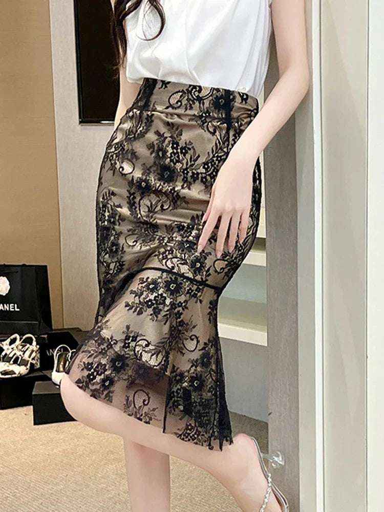 Retro Versatile Lace Wrap Hip Fishtail High Waist Skirt