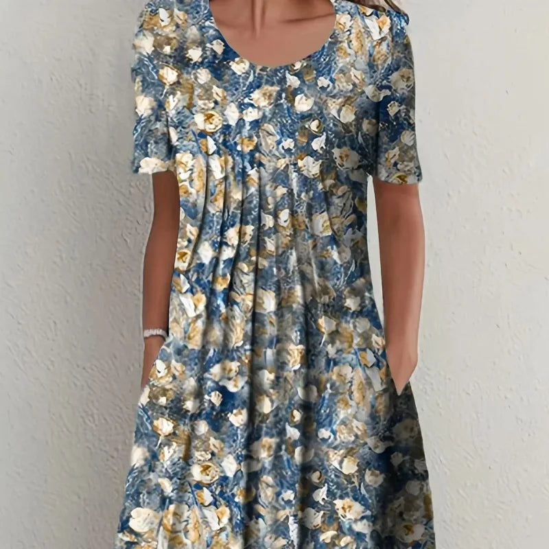 Elegant Spring Summer Round Neck Printed Floral Dress