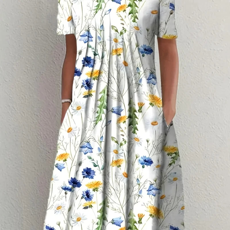 Elegant Spring Summer Round Neck Printed Floral Dress