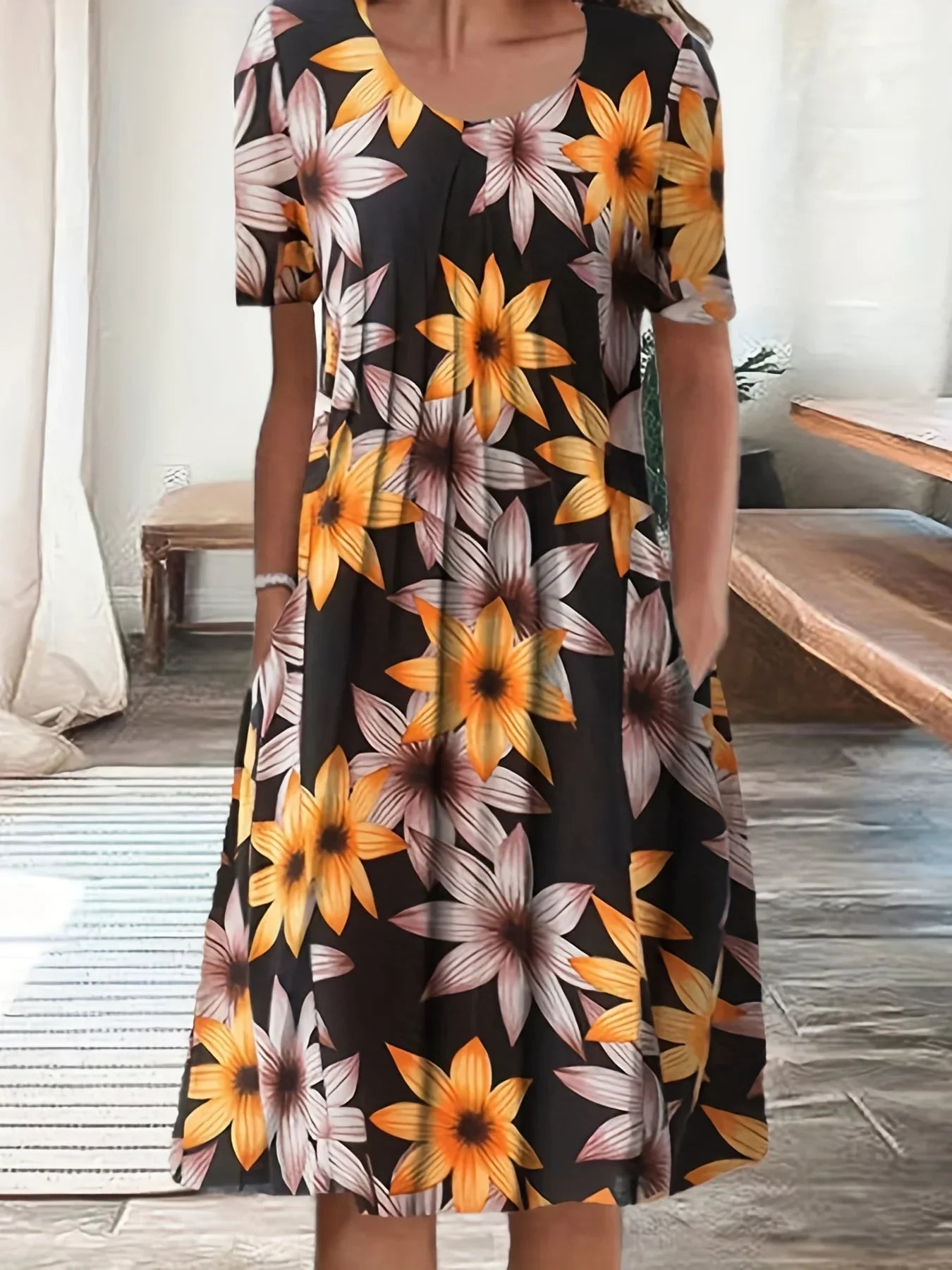 Elegant Spring Summer Round Neck Printed Floral Dress