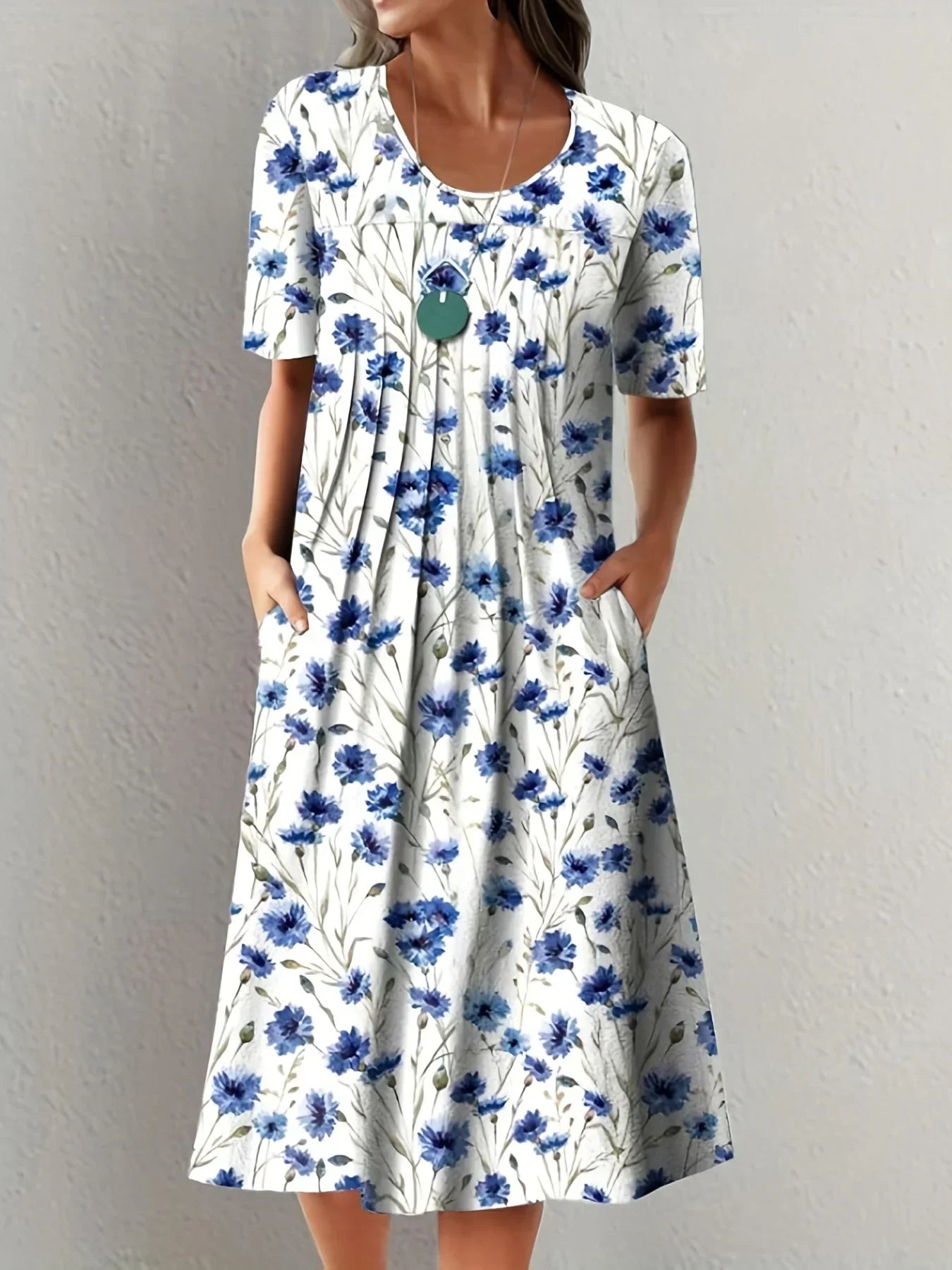 Elegant Spring Summer Round Neck Printed Floral Dress