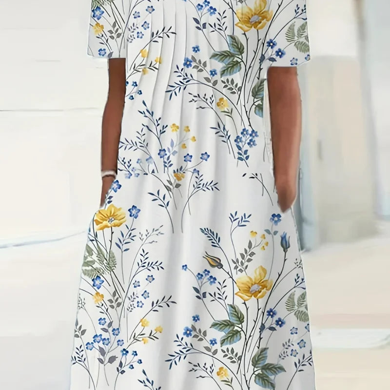 Elegant Spring Summer Round Neck Printed Floral Dress