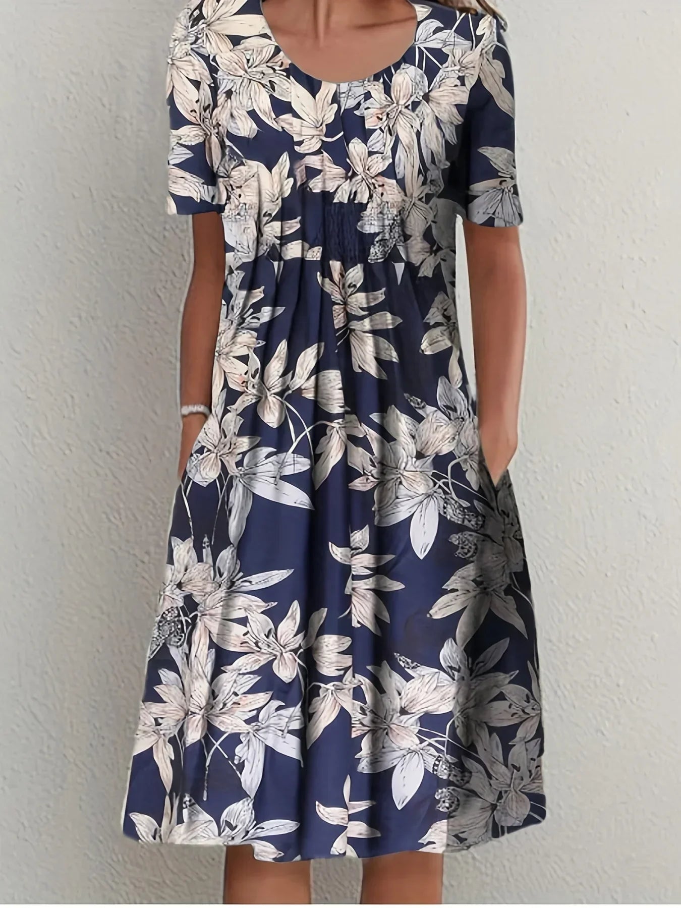 Elegant Spring Summer Round Neck Printed Floral Dress