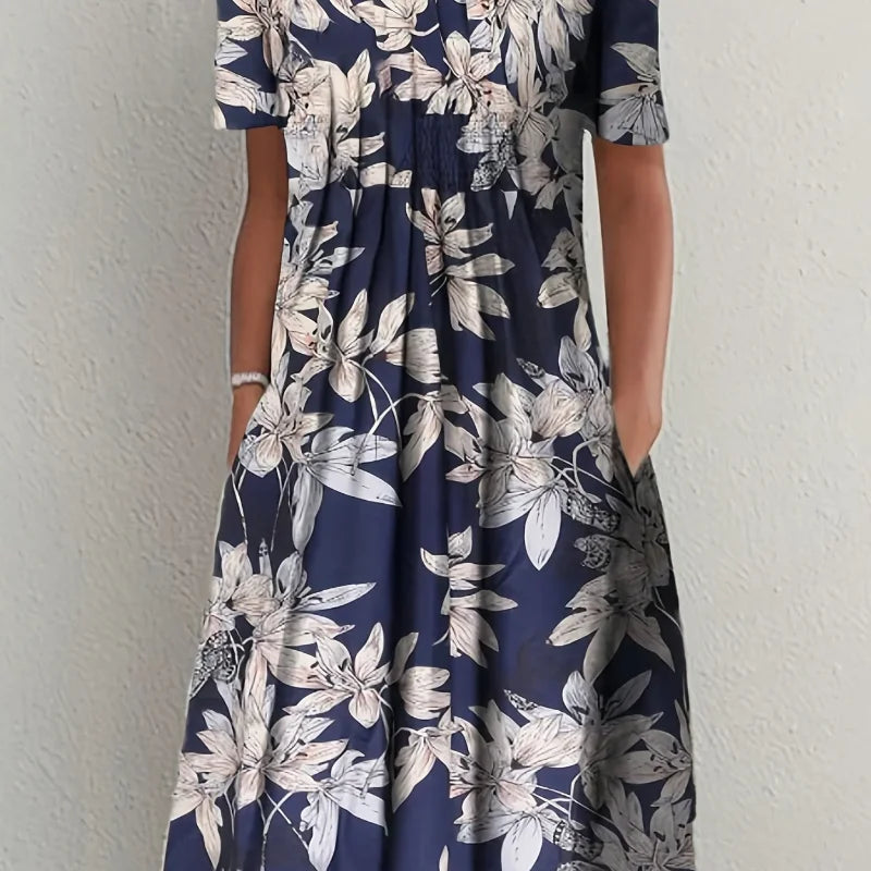Elegant Spring Summer Round Neck Printed Floral Dress