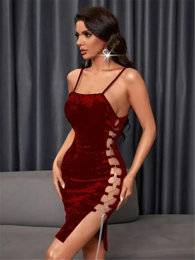 Gold Silk Velvet Tight Side Lace-up Evening Party Mini Dress 3