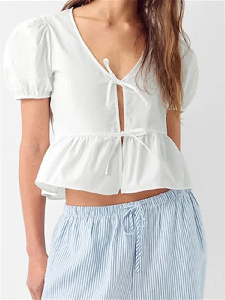 V-neck Open Front Tie-up Short Sleeve Blouse